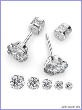 Surgical Stainless Steel Cubic Zirconia Stud Earrings Push-In Flat Back